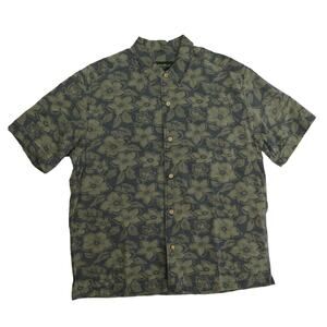 1990s Vintage Eddie Bauer Green Floral Hawaiian Casual Button Down Shirt Medium